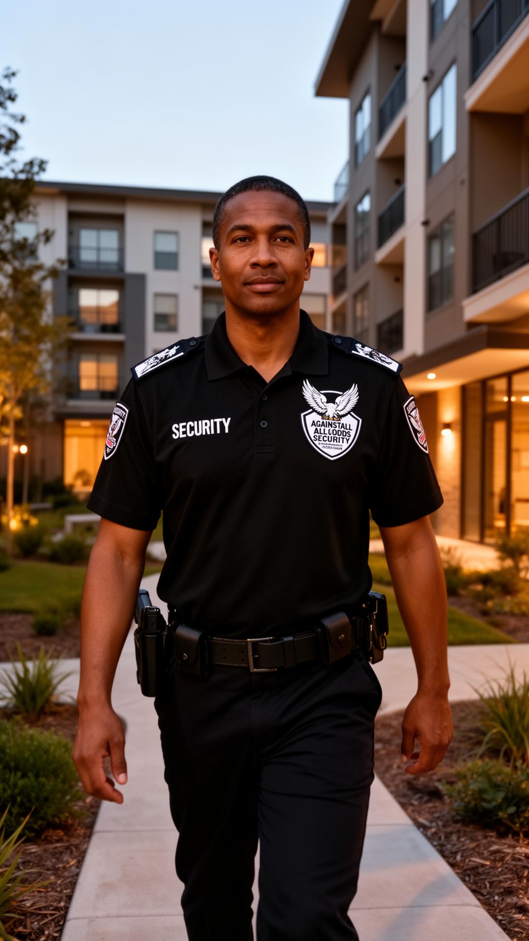 Professional armed security officer walking the exterior of a modern commercial property