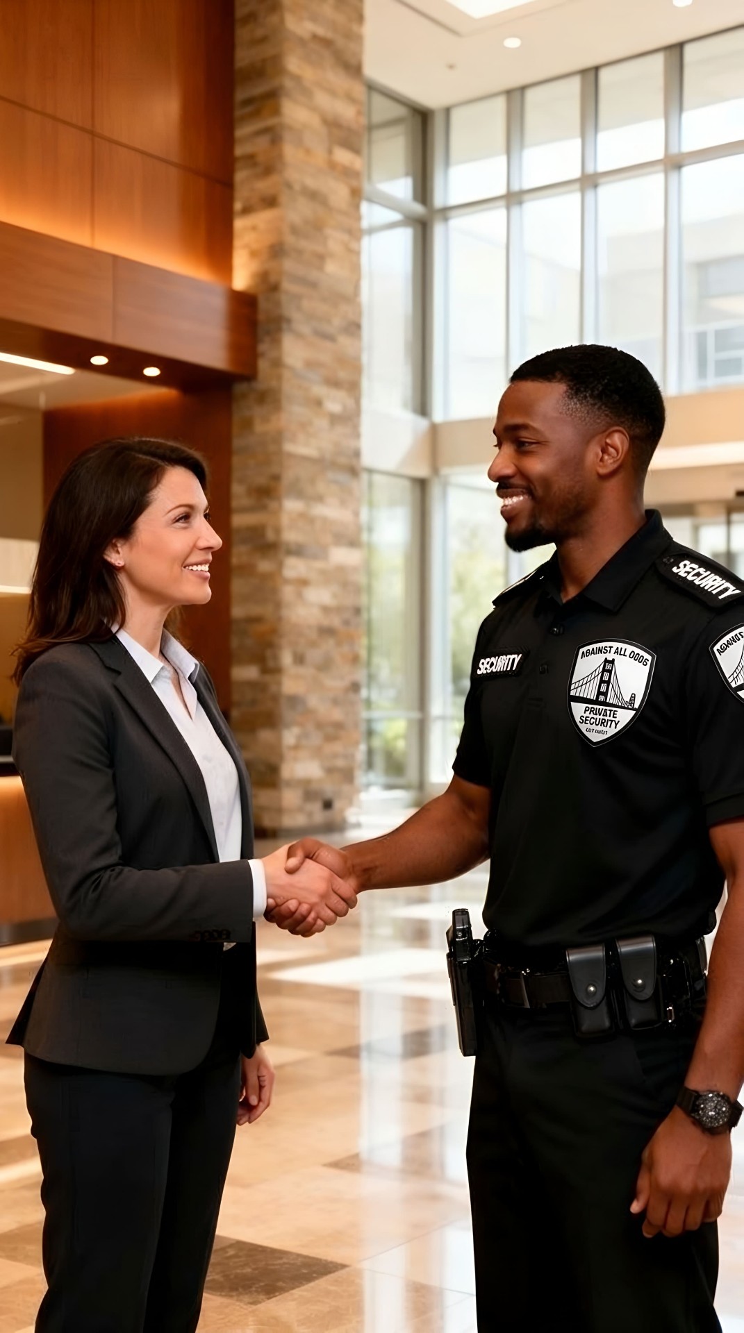 Armed security officer professionally greeting a property manager in a modern lobby