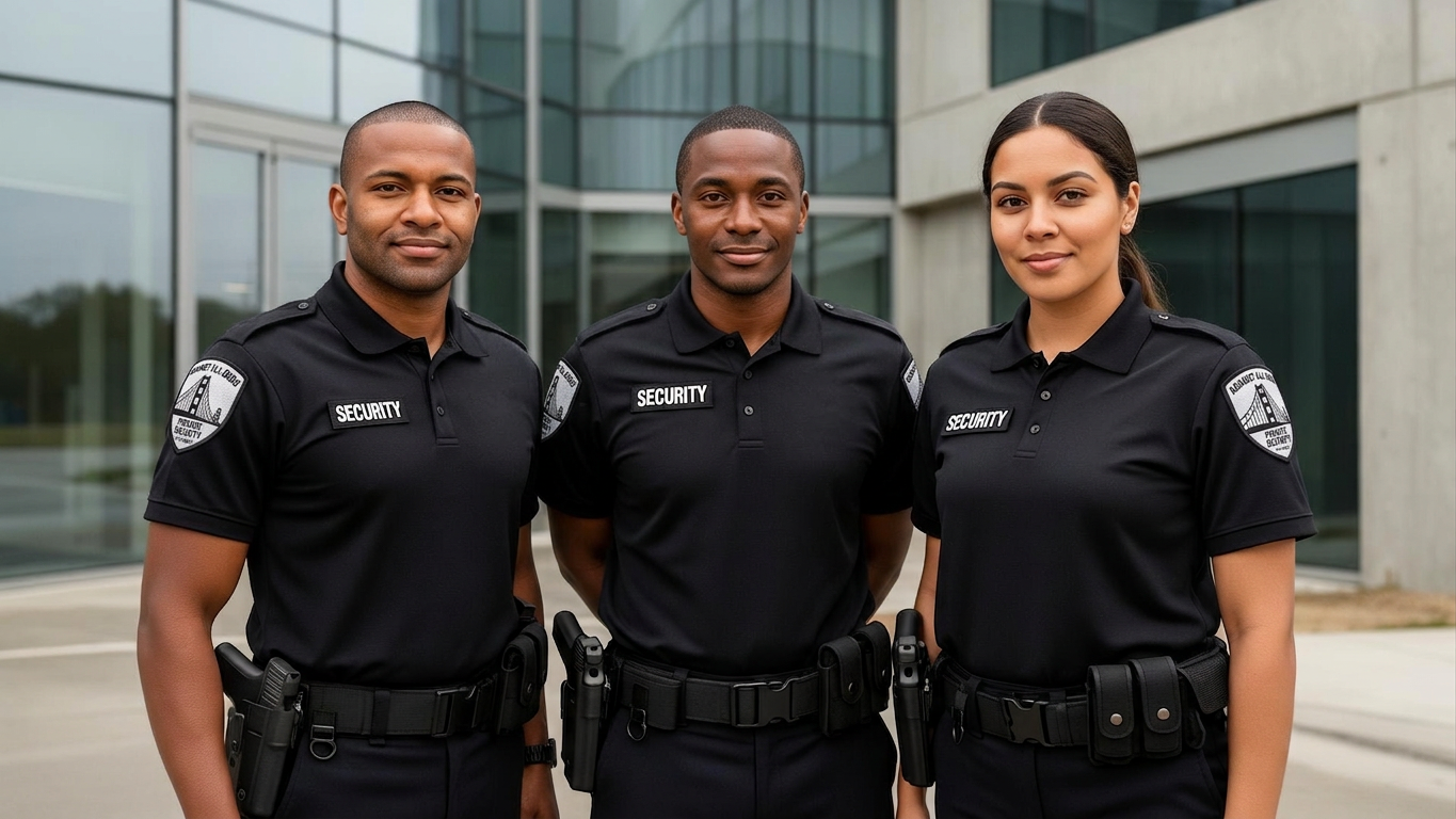 Diverse team of professional Against All Odds Security officers in matching black polo uniforms standing together outside a modern commercial building