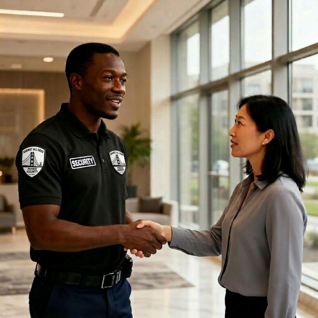 Security officer speaking with a property manager