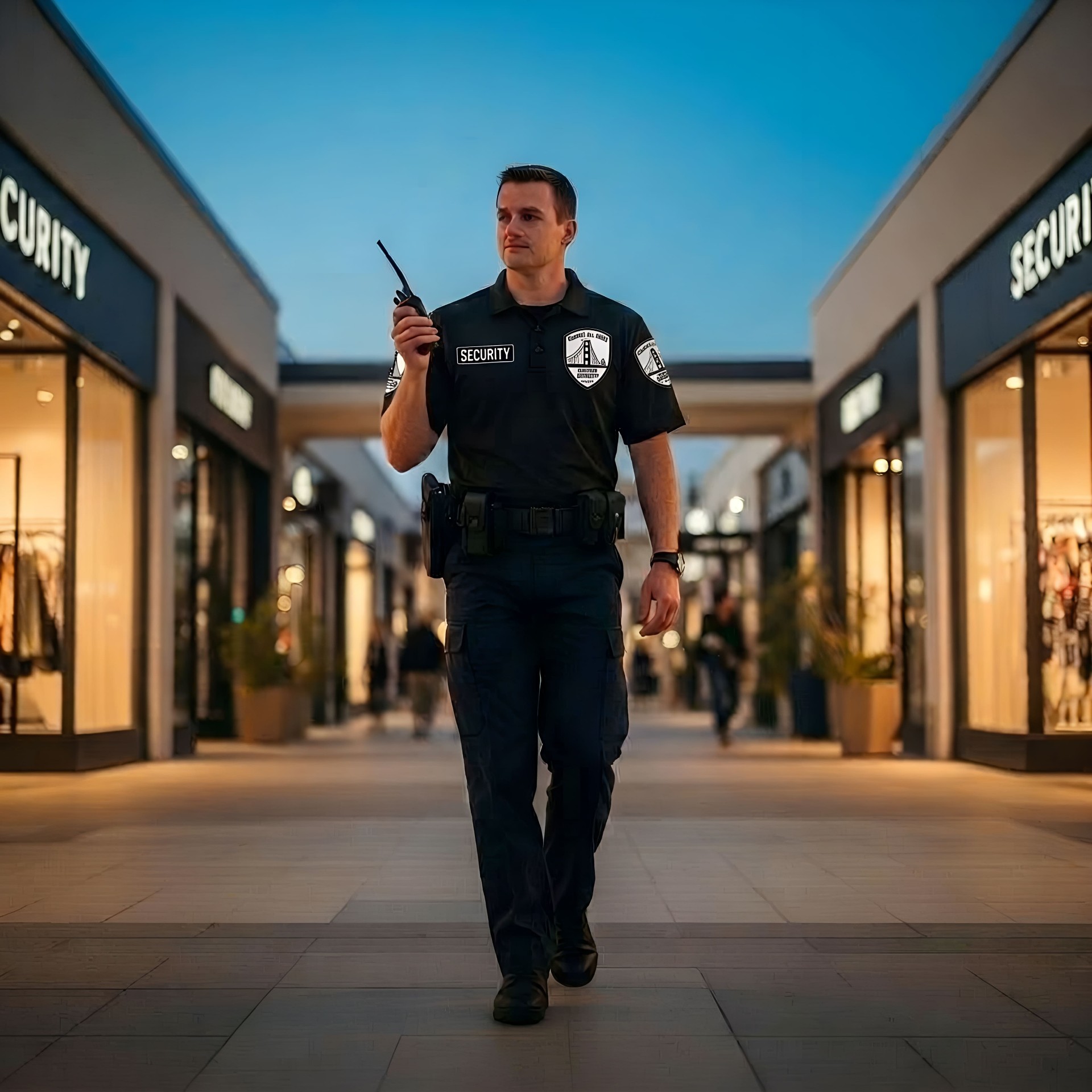 Security officer on patrol at a modern retail plaza