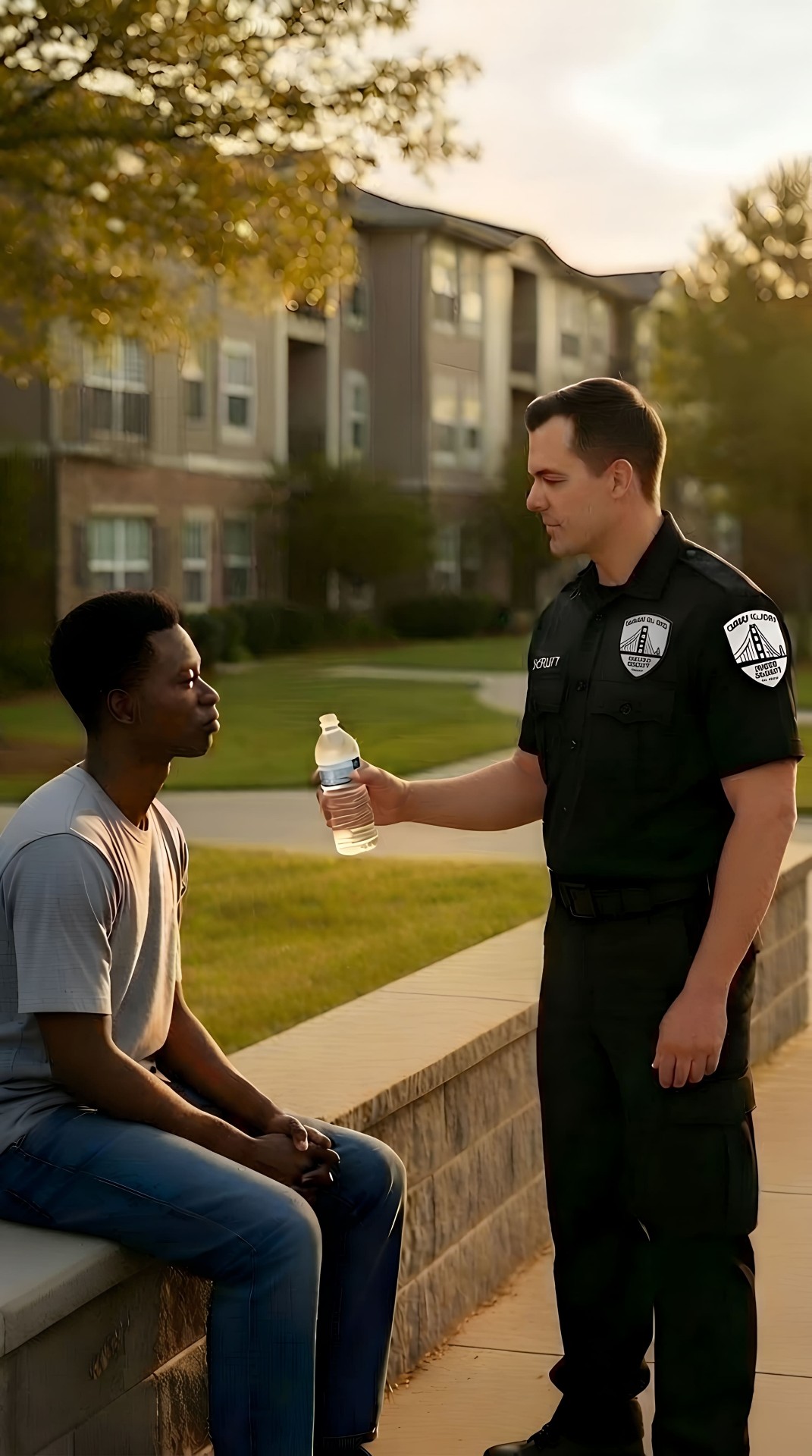 Security officer offering a bottle of water to a person seated outside an apartment community at golden hour