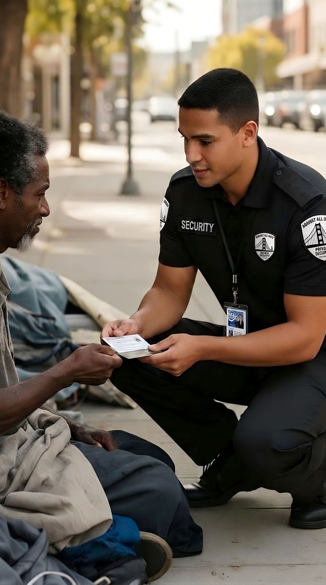 Security officer kneeling at eye level on a city sidewalk, respectfully handing a resource pamphlet to an unhoused individual