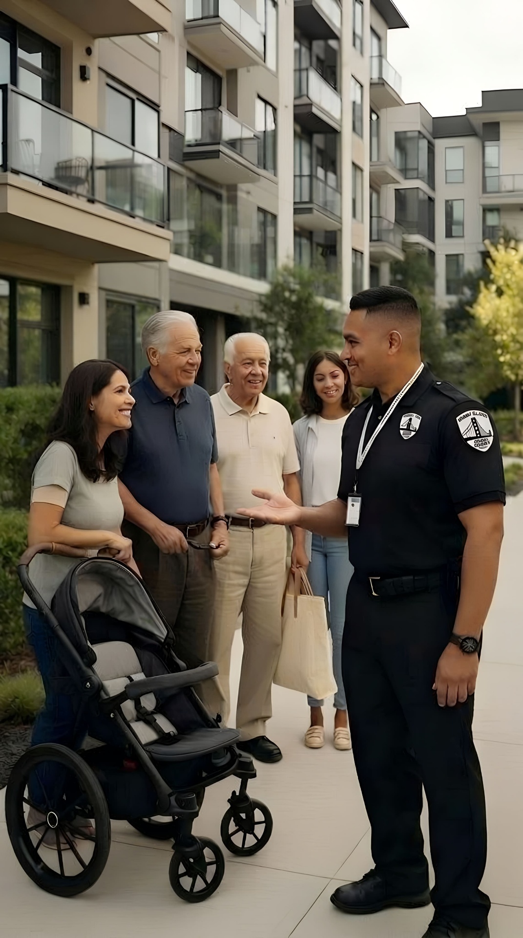 Security officer calmly redirecting an individual away from an apartment building entrance with respectful body language