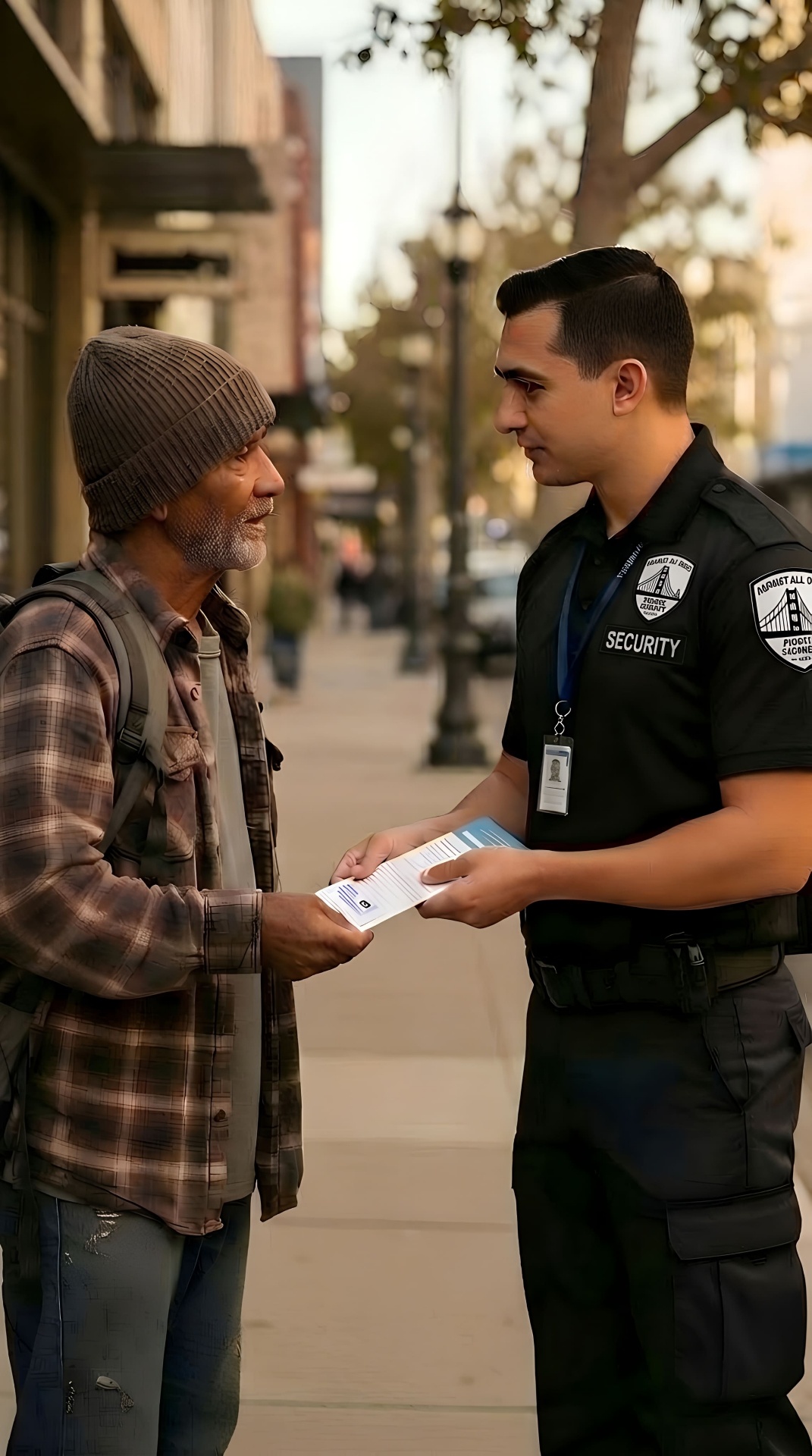 Security officer connecting an individual on the street with a community outreach worker