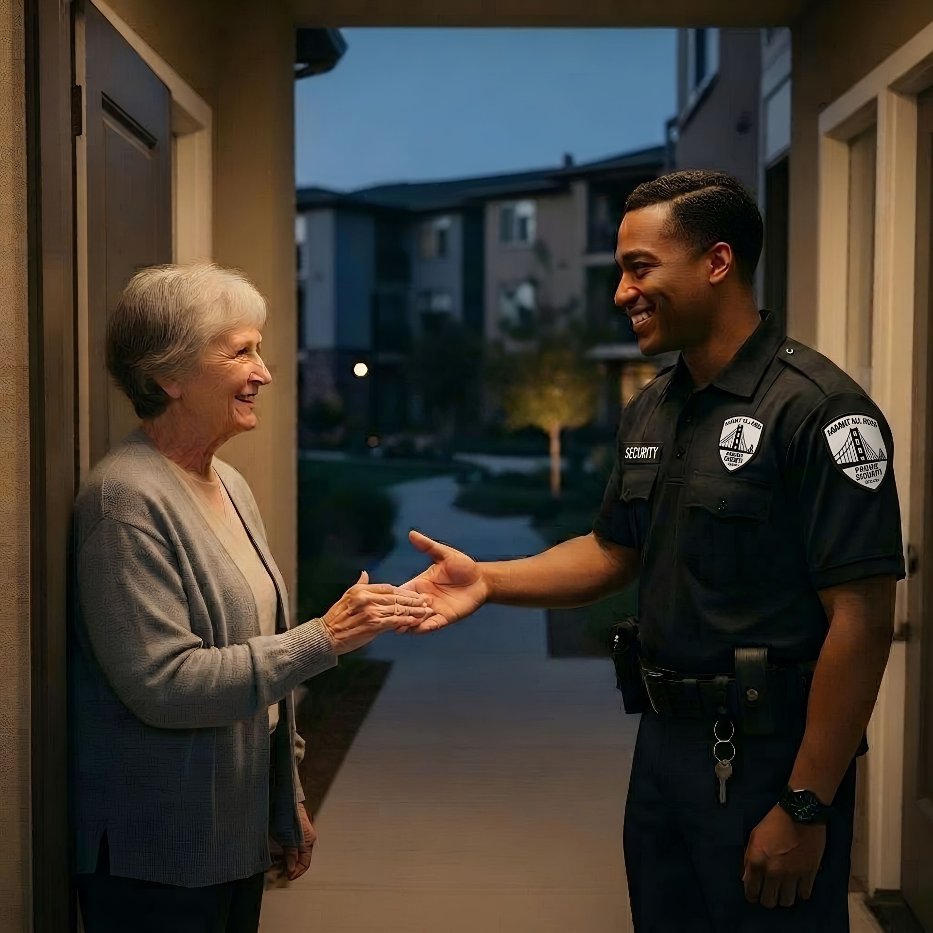 Security officer greeting a resident