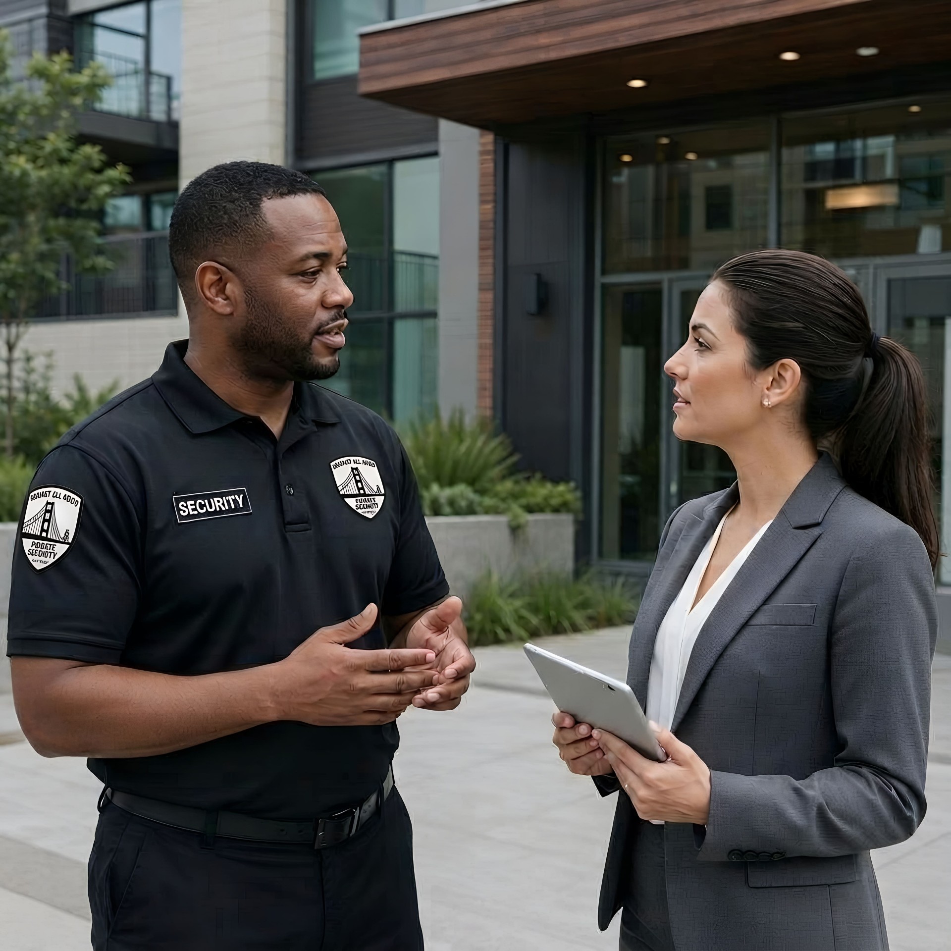 Security officer speaking with a property manager