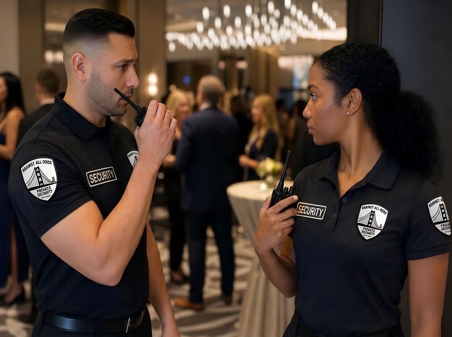 Two event security team members coordinating on radio inside a modern event venue