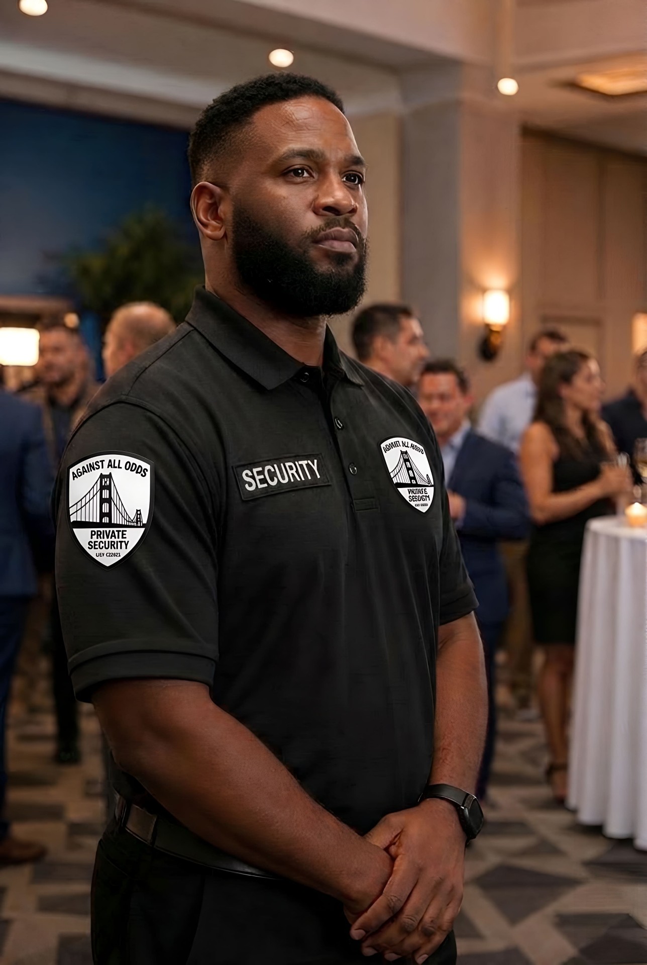 Professional event security officer standing attentively at an upscale corporate gathering
