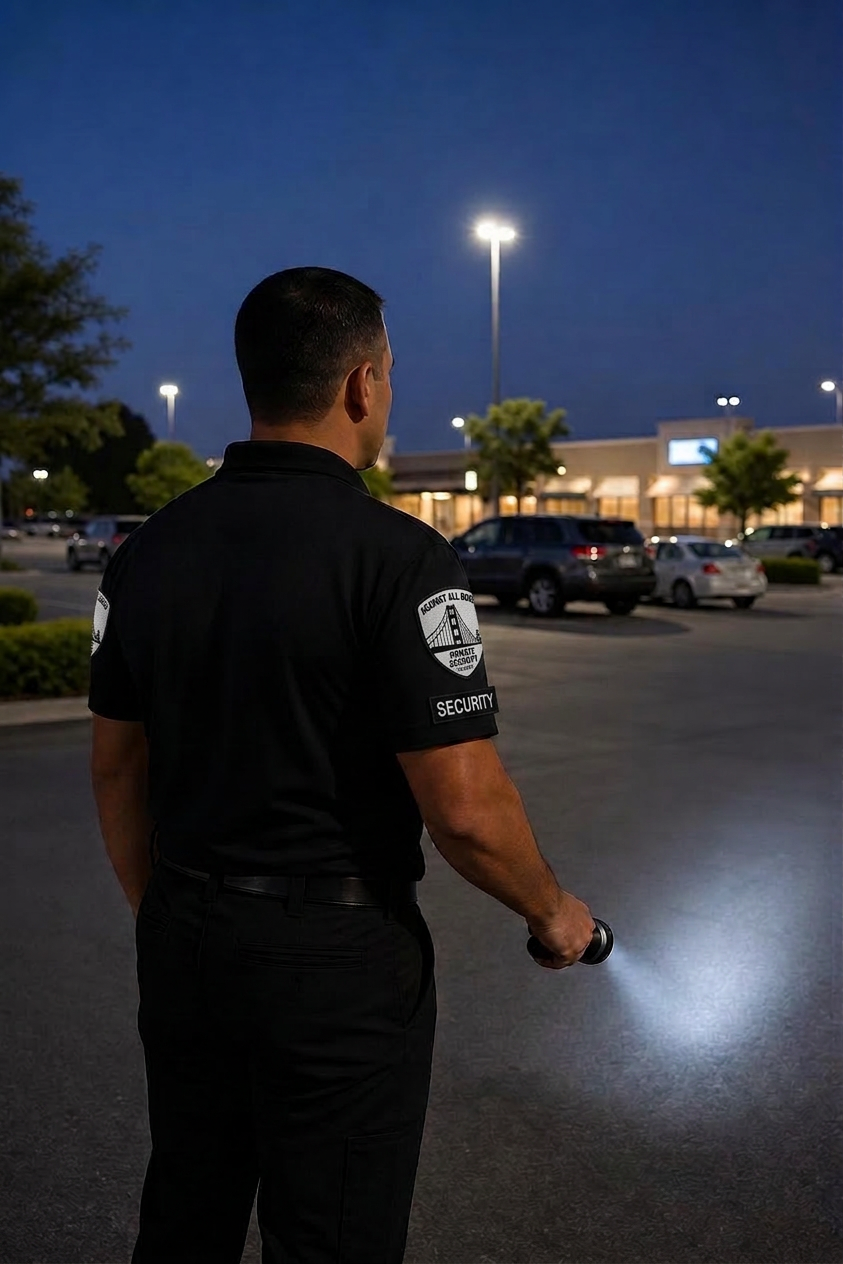Security officer documenting a property walkthrough on a tablet