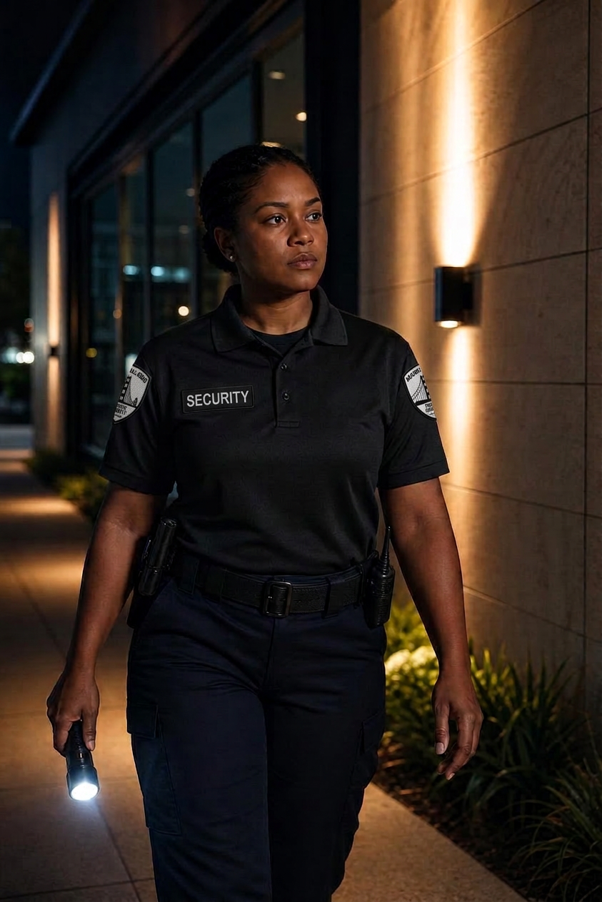 Security officer walking a perimeter check at night