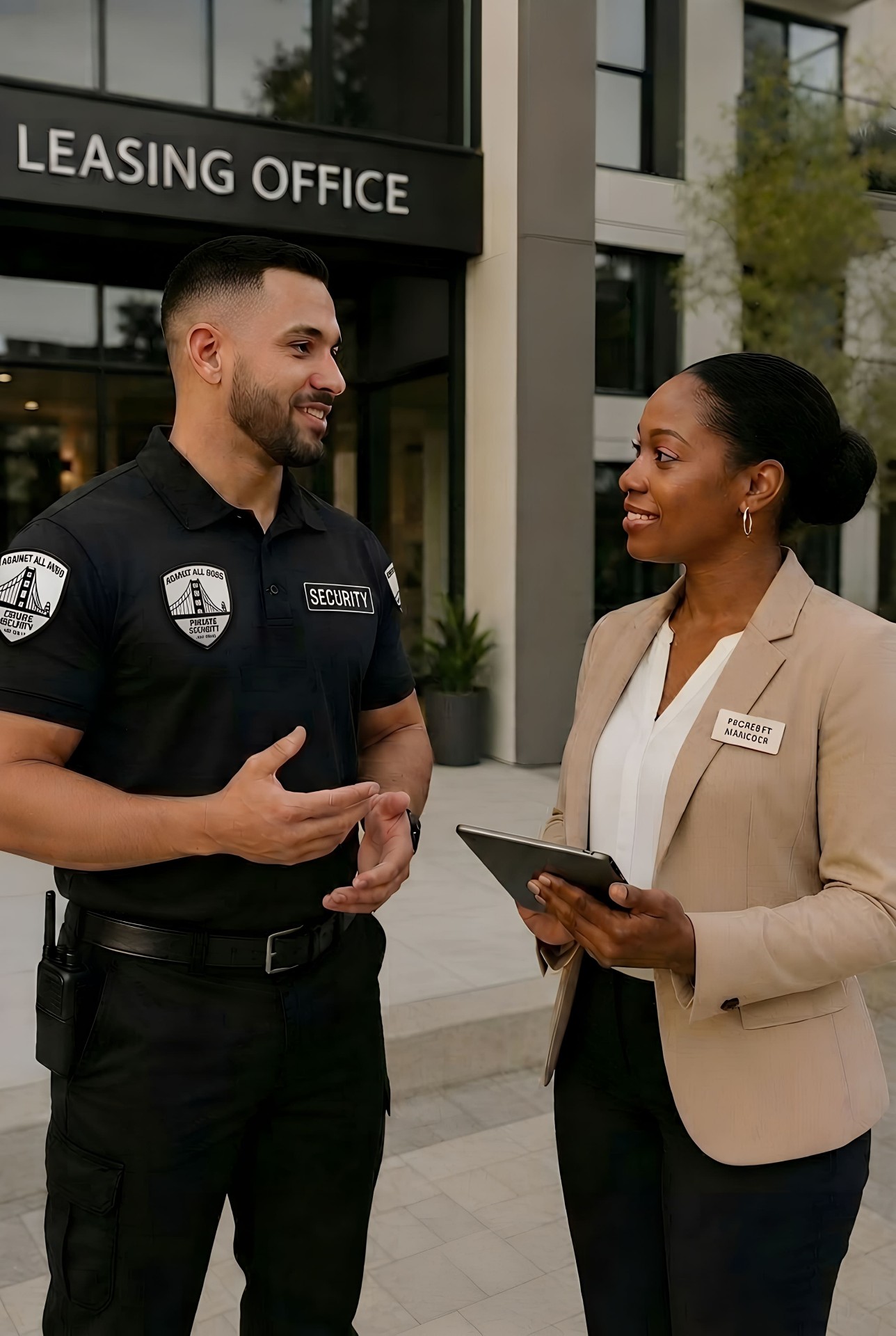 Security officer speaking with a property manager outside an apartment leasing office