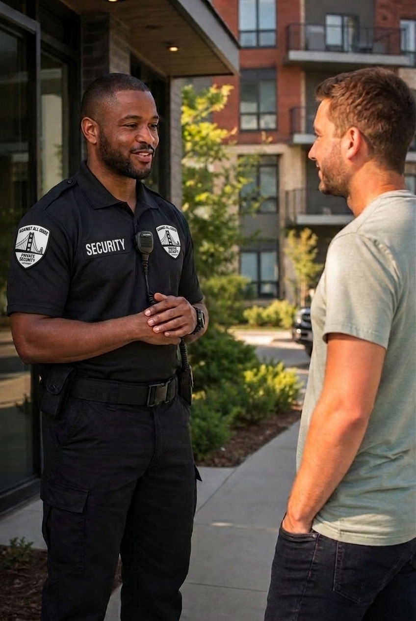 Unarmed security officer talking respectfully with a property manager outside an apartment leasing office