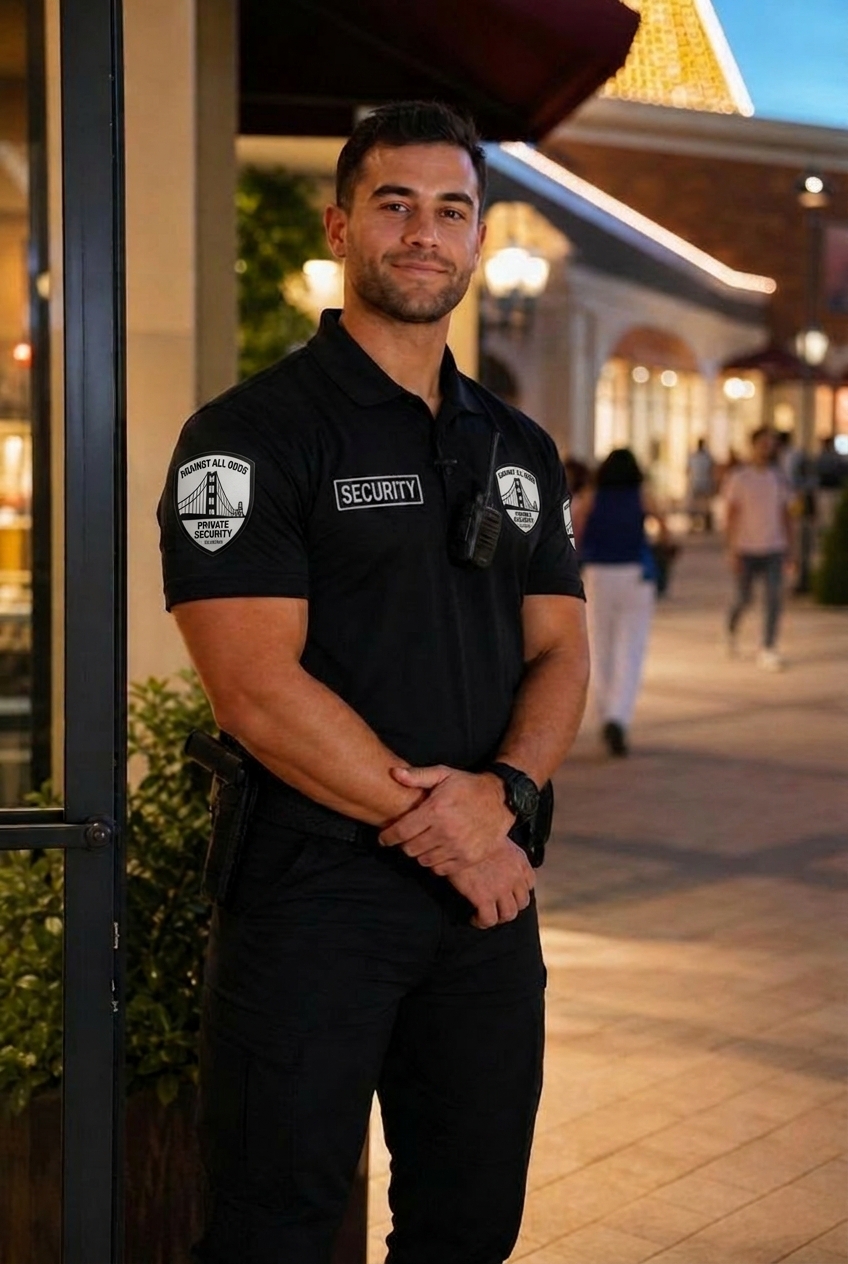 Professional unarmed security officer at a retail center entrance